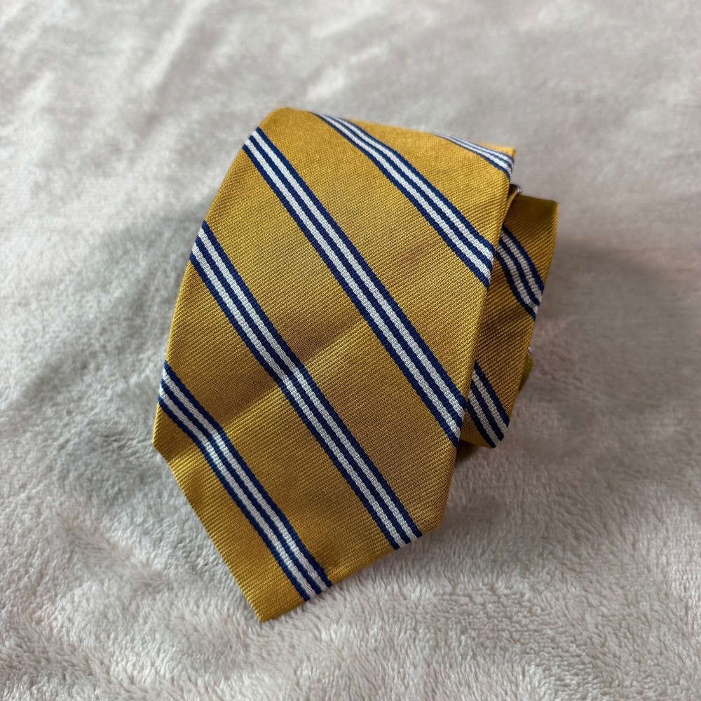 Brooks Brothers Mens Silk Repp Stripe Tie Gold Navy White Woven England 58x3.25